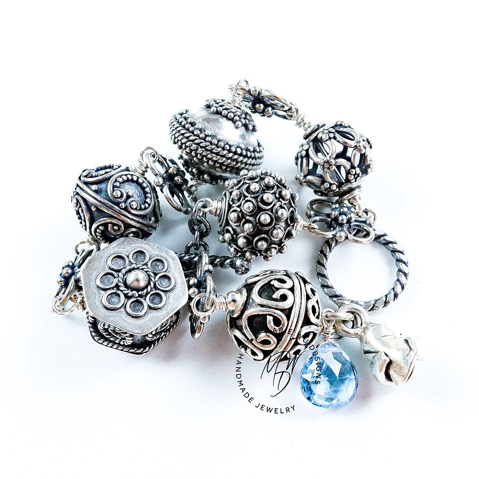 Thumbnail: 925 Bali Silver Bead-Ornate Toggle-Blue Topaz Rosebud Charm-Unisex Bracelet