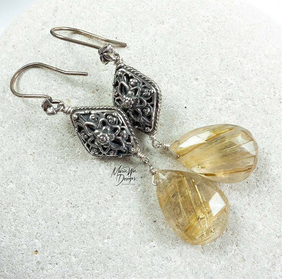 Thumbnail: Golden Rutilated Quartz-Balinese Handmade Sterling Silver Dangle Earrings