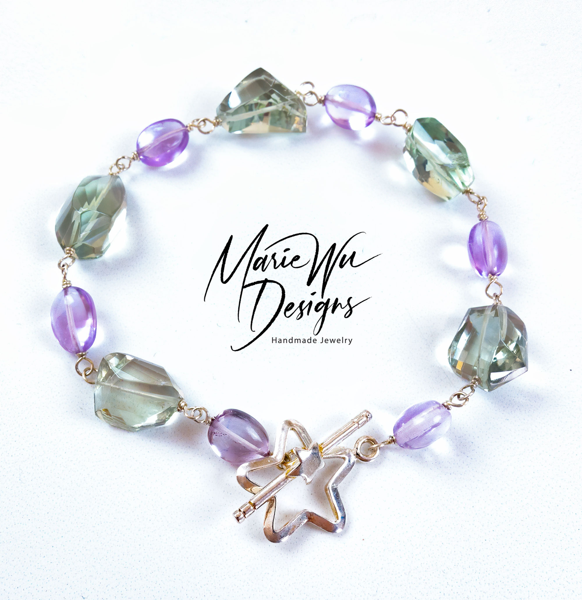 Green Pink Amethyst-February Birthstone-Star Toggle Sterling Silver Bracelet