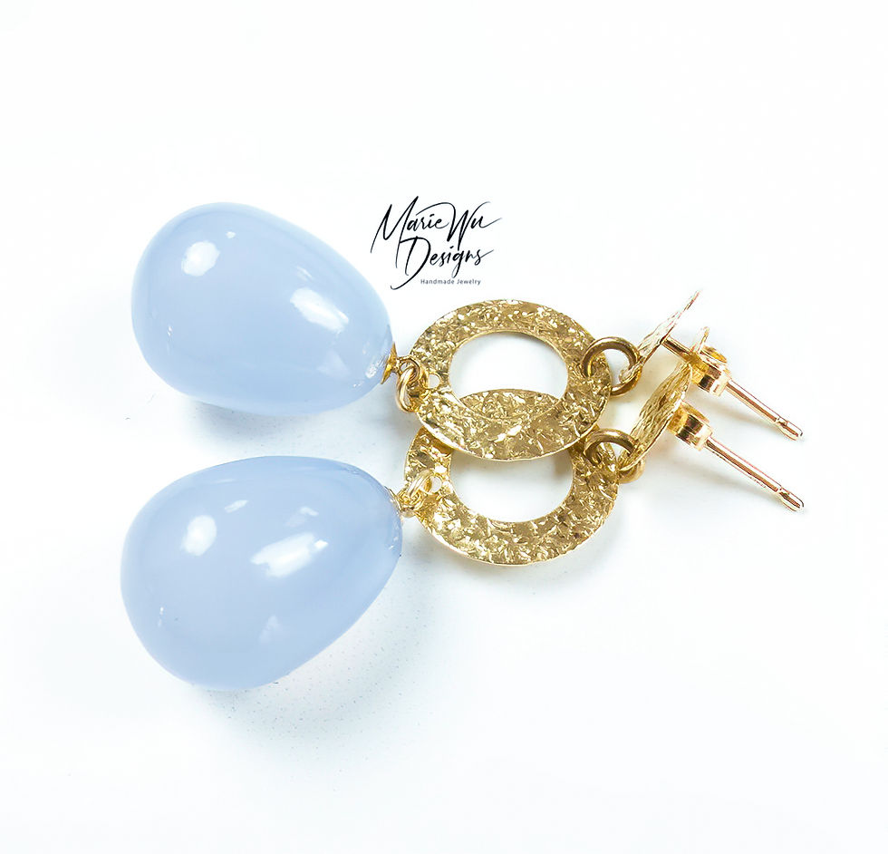 Thumbnail: Best Turkish Natural Blue Chalcedony-14k Solid Gold Hoop Post Dangle Earrings