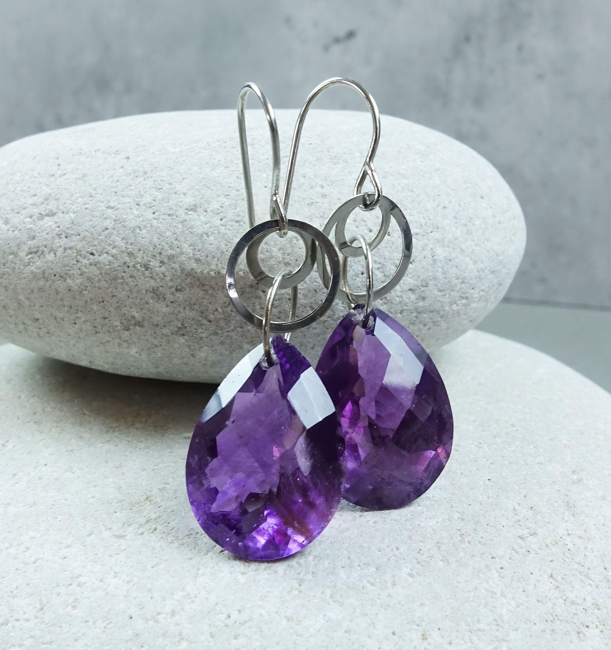 14k African Purple Amethyst-14k Solid White Gold Hoop Dangle Earrings-February