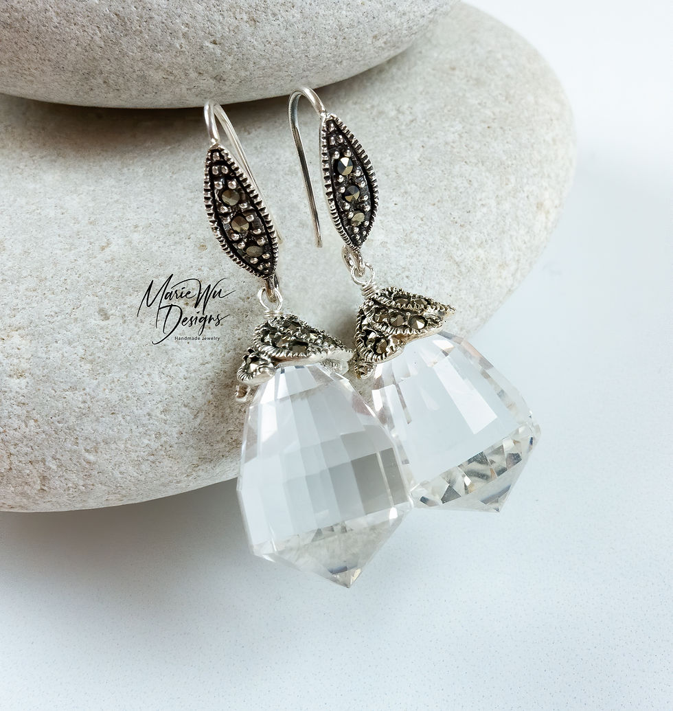 Bold OOAK Natural Crystal Quartz-Marcasite-Oxidized Sterling Silver Earrings