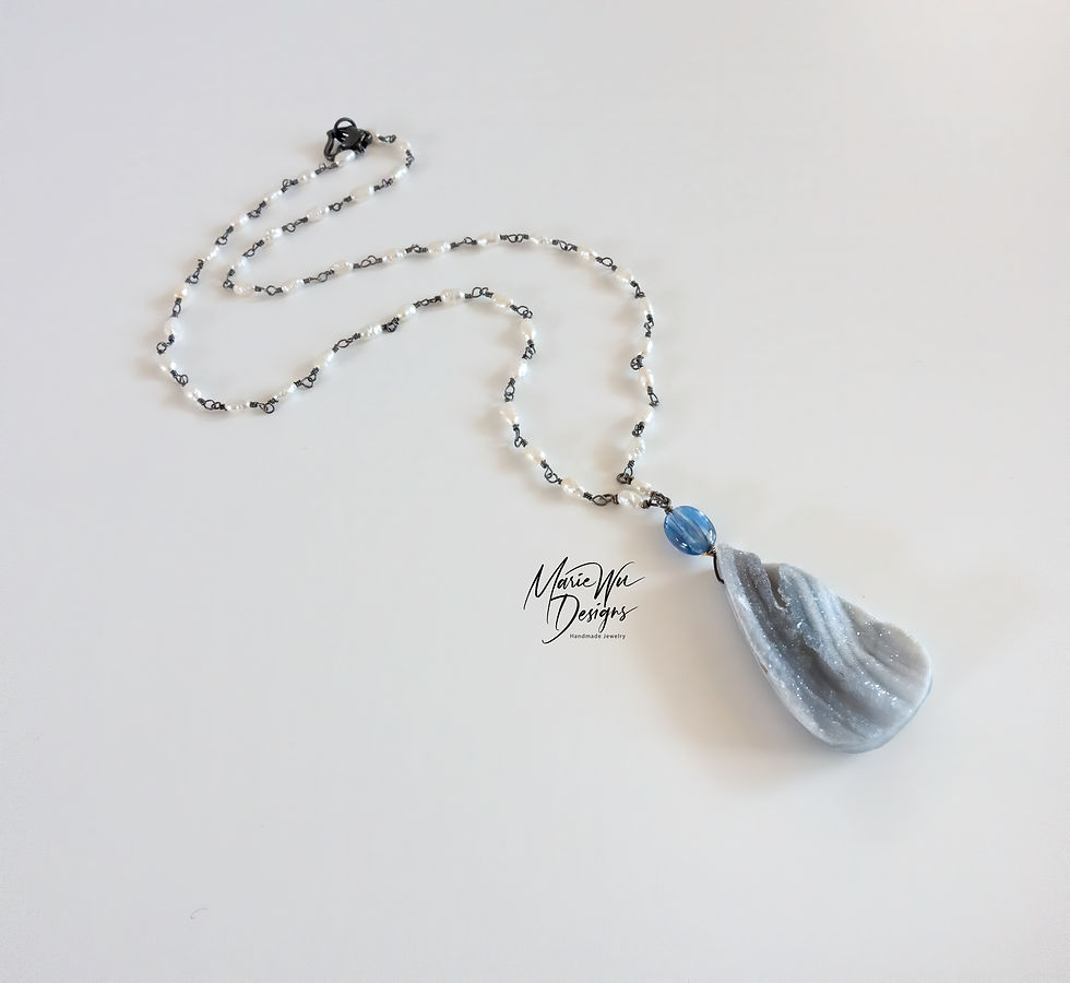 Thumbnail: Galaxy Druzy~Kyanite~Fresh Water Pearls~Oxidized Sterling Silver Necklace