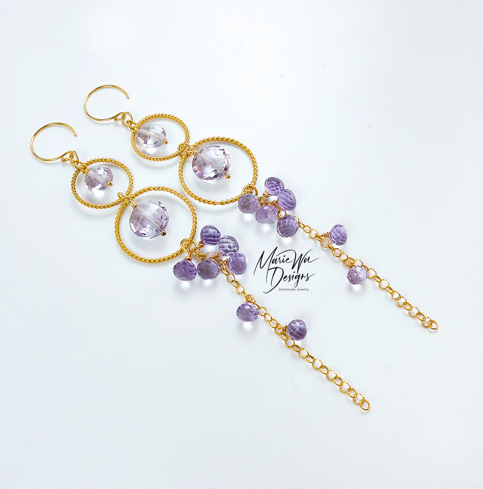 Pink Amethyst-Cascading Hoops-Long Dangle-18k Gold Vermeil Earrings
