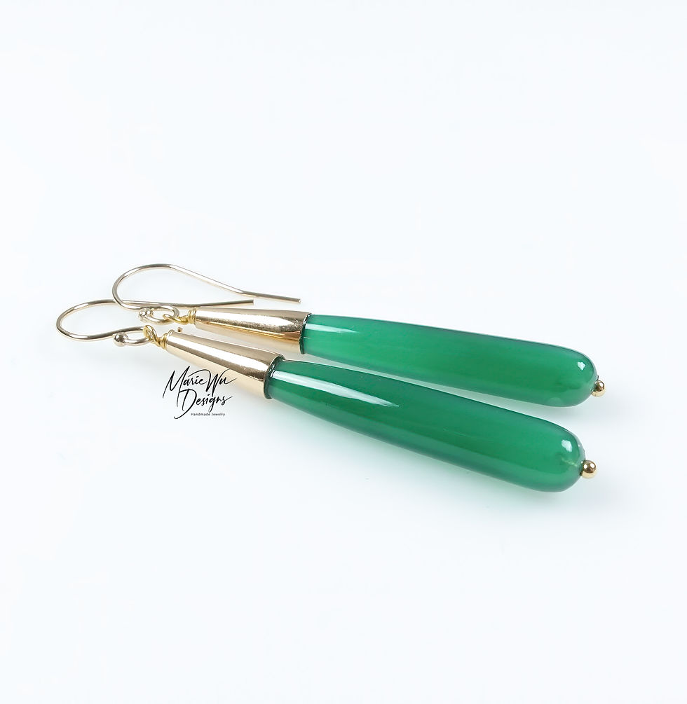 Emerald Green Onyx-Long Slender Drops-14k Gold Fill Modern Minimalist Earrings