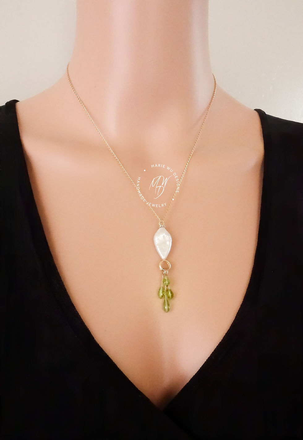Peridot FW Pearl Pendant Necklace-18k 925 Silver Vermeil August June Birthstone