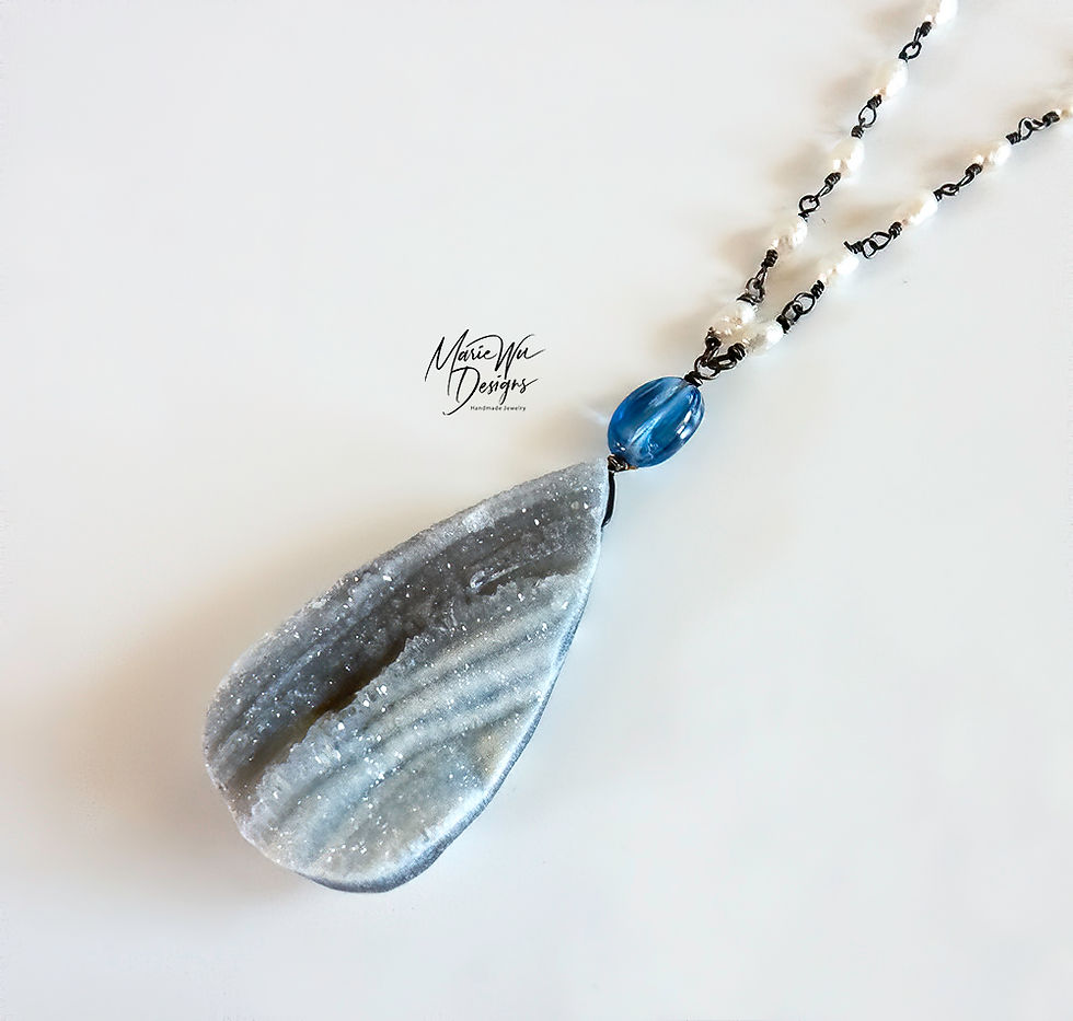Galaxy Druzy~Kyanite~Fresh Water Pearls~Oxidized Sterling Silver Necklace