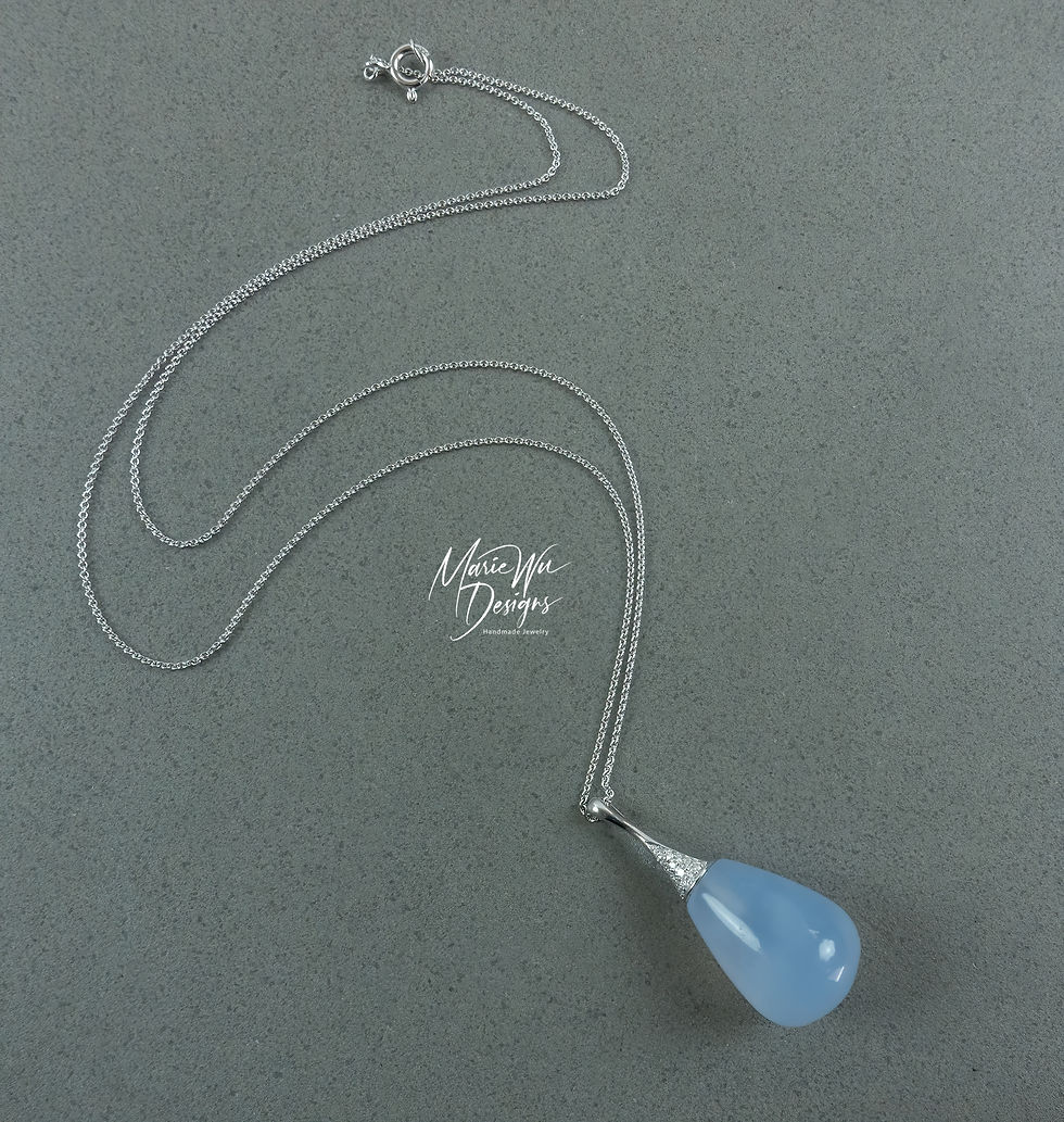 Thumbnail: Natural Blue Chalcedony-Natural Diamond-14k Solid White Gold Pendant Necklace