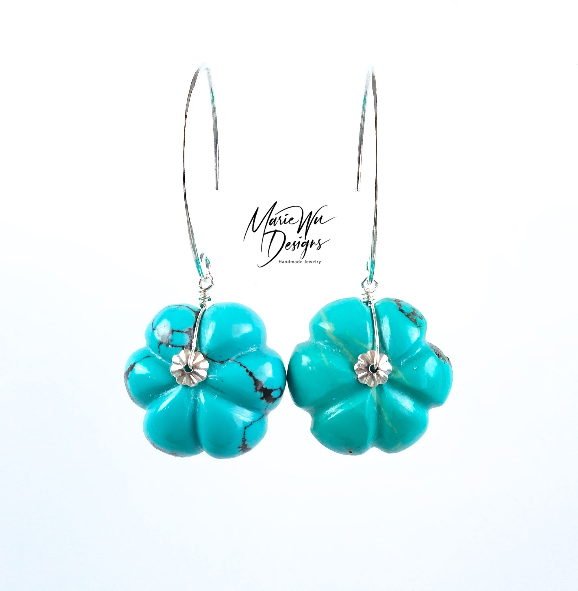 Rare-Collector Natural Hubei Carved Turquoise Blossoms-Sterling Silver Earrings