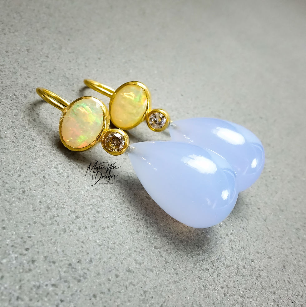 Ethiopian Welo Opal-Natural Chalcedony-CZ 18k Gold Vermeil Earrings-October