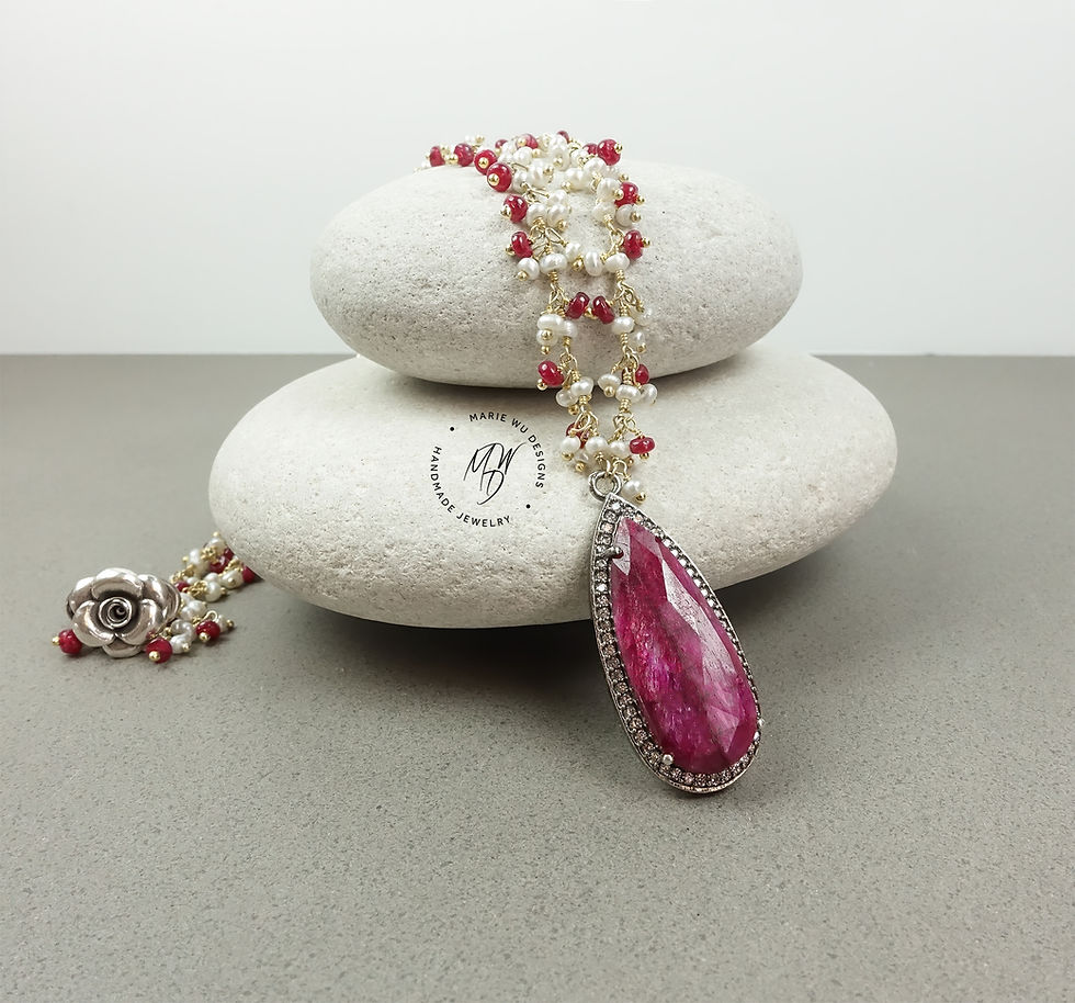 Natural Ruby Pendant-Natural Pearls-Pave White Topaz 925 Silver Gold Necklace