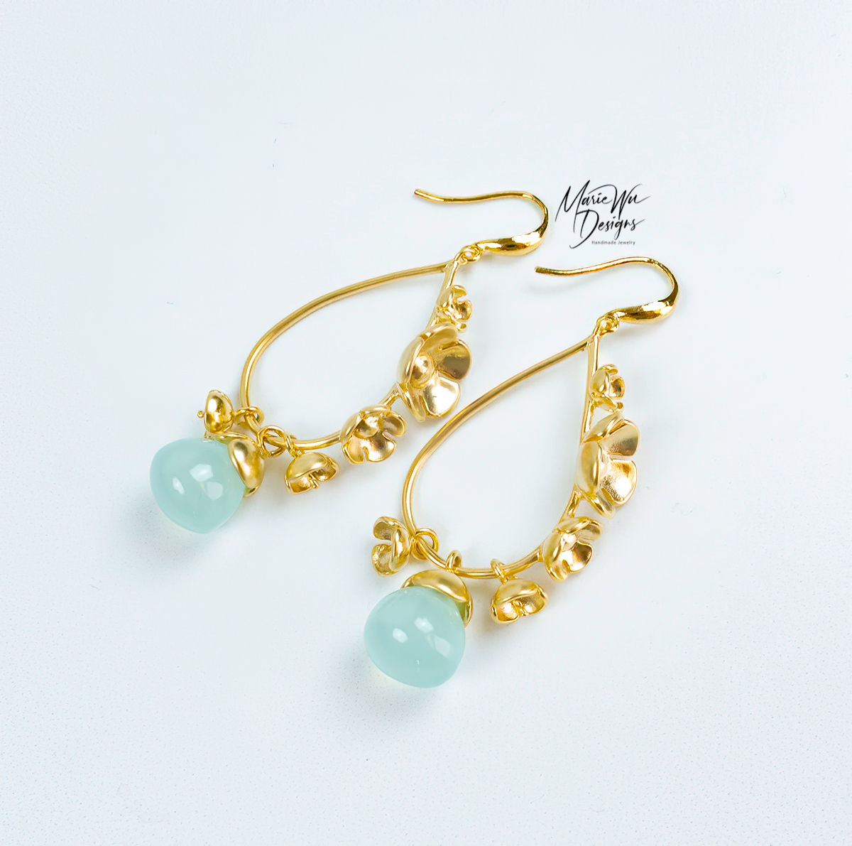 Aqua Chalcedony-Multi Blossom 18k Gold Plated - Articulating  Hoop Earrings