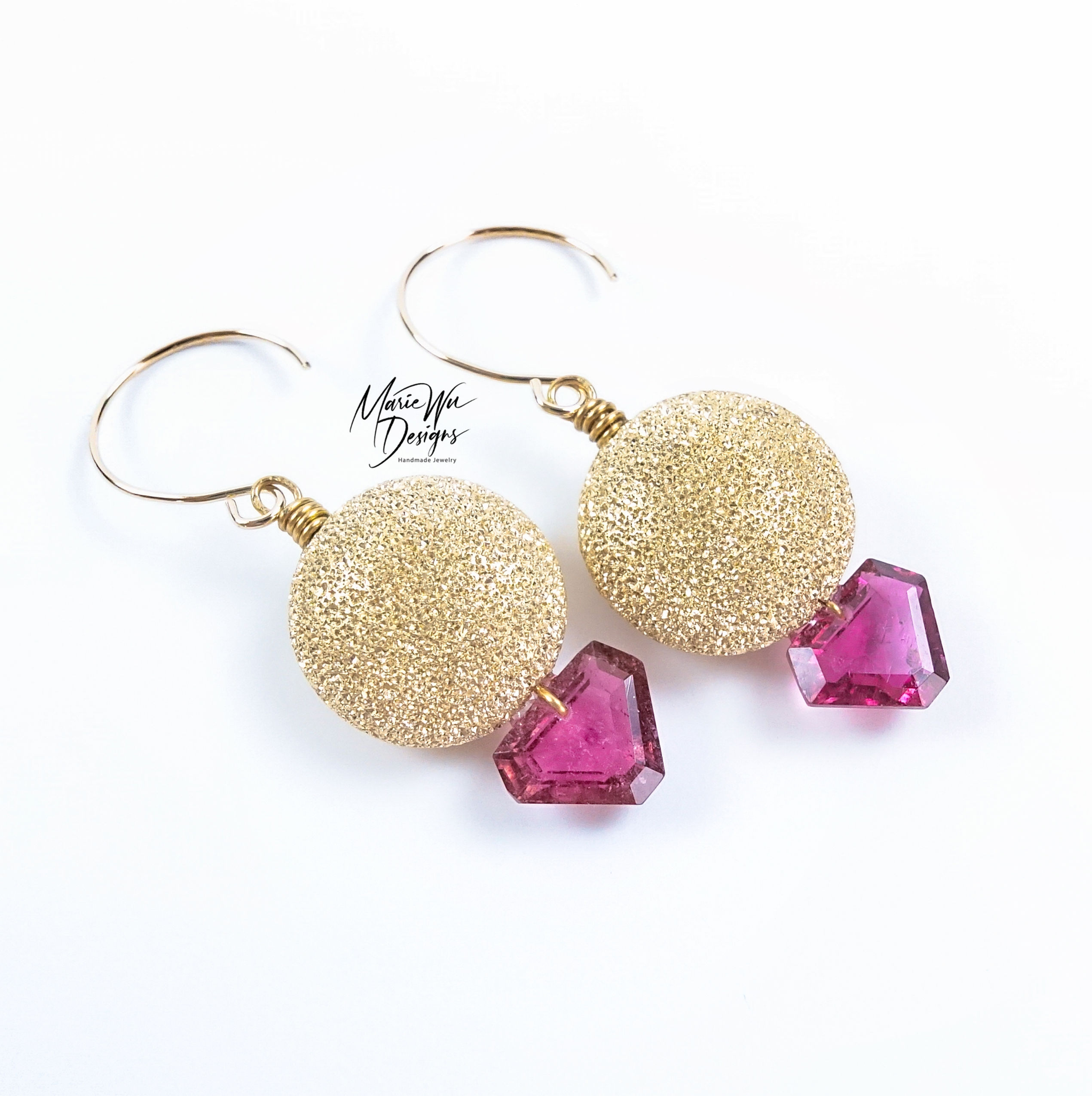 14k 12mm Stardust-Natural Pink Tourmaline 14k Solid Yellow Gold Earrings