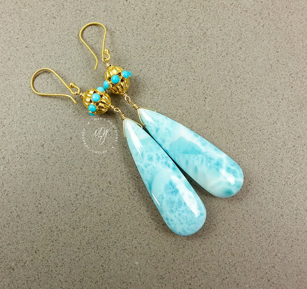 Thumbnail: 18k-Larimar Drop-Arizona Turquoise-Long Dangle Solid 18k Gold Earrings