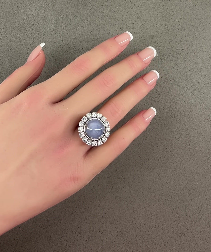 Thumbnail: Vintage 13.5ct Untreated Blue Star Sapphire 1.8ct Diamond Platinum Ring