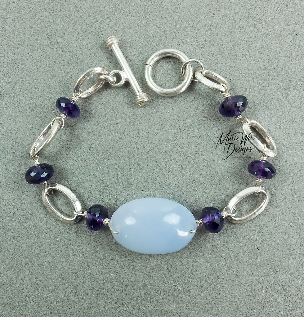 Thumbnail: Turkish Natural Chalcedony-Purple Amethyst-Sterling Silver Chunky Bracelet