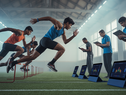 Young Indian athletes training with wearable sports technology devices at a modern academy, coaches monitoring performance data on tablets.
