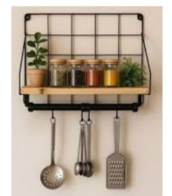 Tel Askılıklı Ahşap Standlı Kancalı Mutfak Rafı Mutfak Askısı