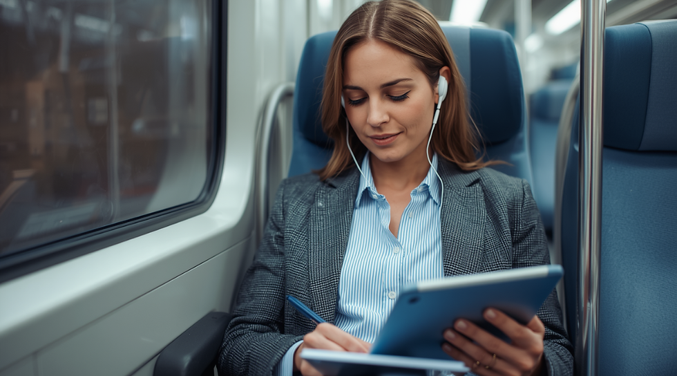 Real estate professional reviewing property information on a tablet while listening to educational audio during a train commute between client appointments