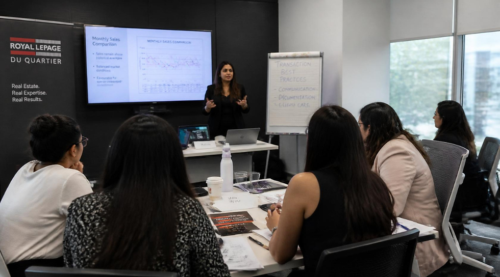 Real estate professionals participating in a Royal LePage Du Quartier training session led by a presenter during a professional development workshop