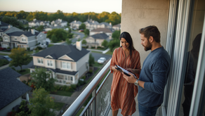 Real estate professional discussing property details with a client on a residential balcony while reviewing information on a tablet