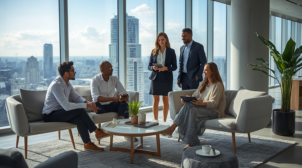 Real estate professionals meeting in a modern brokerage lounge to discuss client strategies and property opportunities