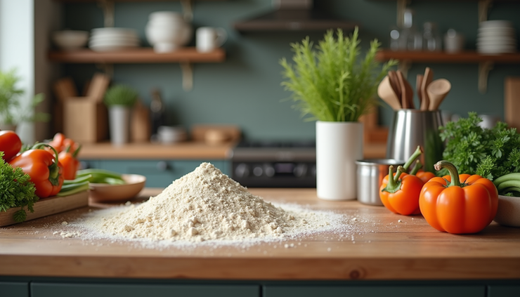 Eye-level view of a kitchen counter with gluten free ingredients and cooking utensils ready for a class