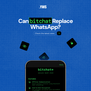 A dark blue background with the question "Can bitchat Replace WhatsApp?" in white text. Below it, a smartphone displays "bitchat secure mesh chat" with features like "Offline Communication" and "End-to-End Encryption." Surrounding the phone are abstract dark 3D icons related to privacy and security.
