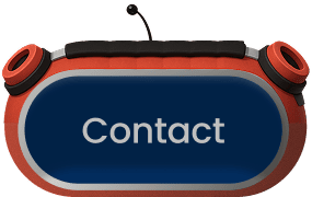 A red-orange button styled like a character's head with red headphones and a small antenna, featuring a dark blue central oval with the word "Contact" in white.