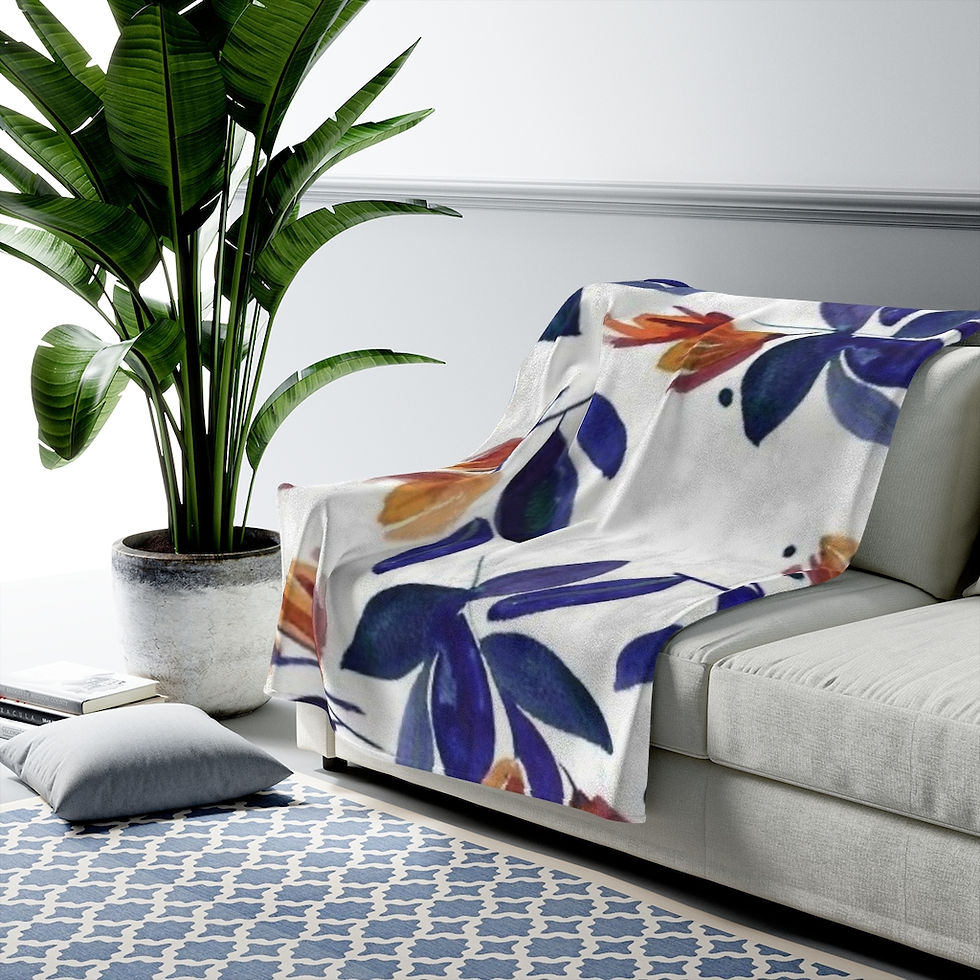 Thumbnail: Navy Blue Leaf Coral White Print - Velveteen Plush Blanket