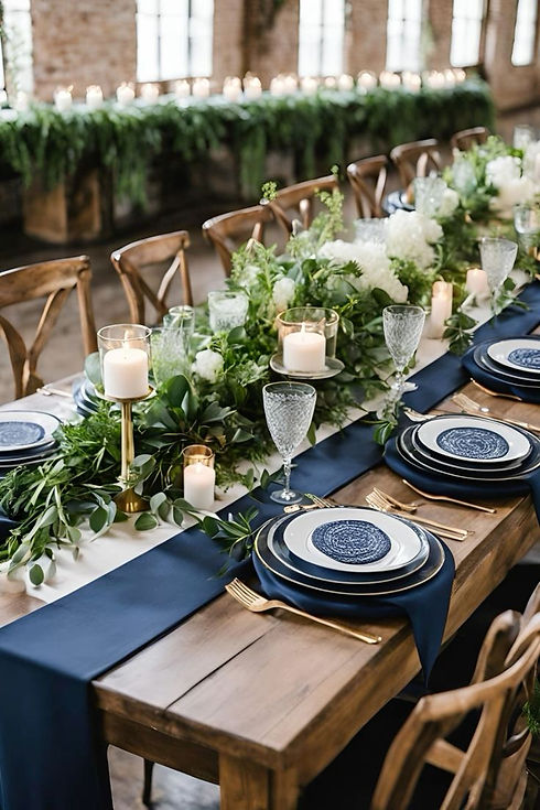Rustic navy blue wedding reception with greenery.jpeg
