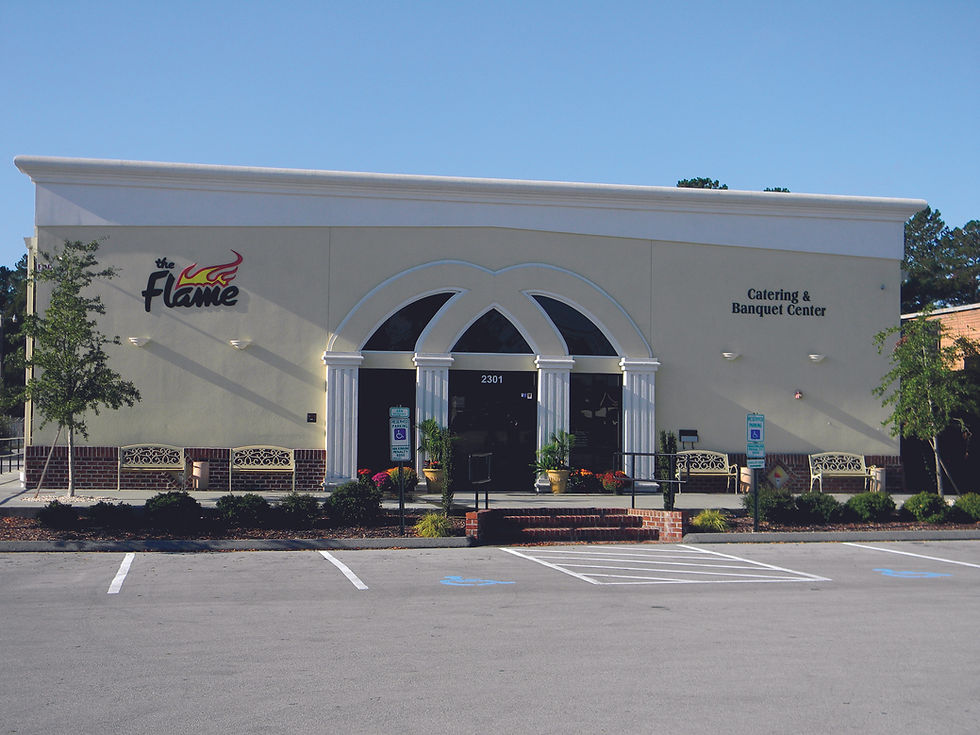 Building exterior. The Flame Catering.