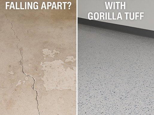 Gorilla Tuff Coatings before and after epoxy flake coating 