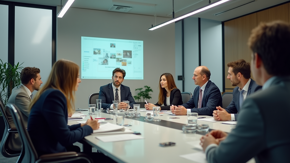 High angle view of an office meeting with participants engaged