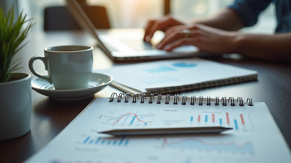 High angle view of a desk with a notebook, coffee cup, and a laptop showing digital marketing analytics
