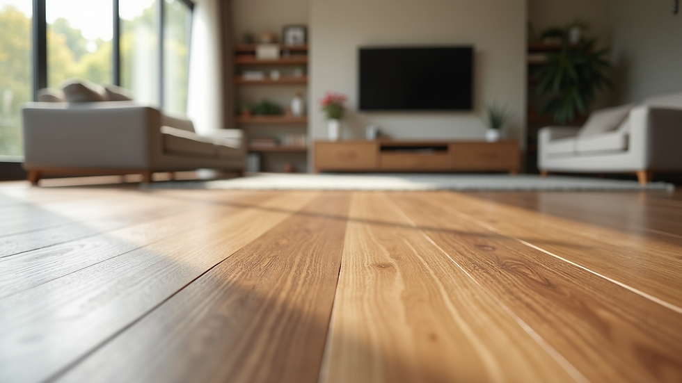 Eye-level view of a modern living room with engineered hardwood flooring