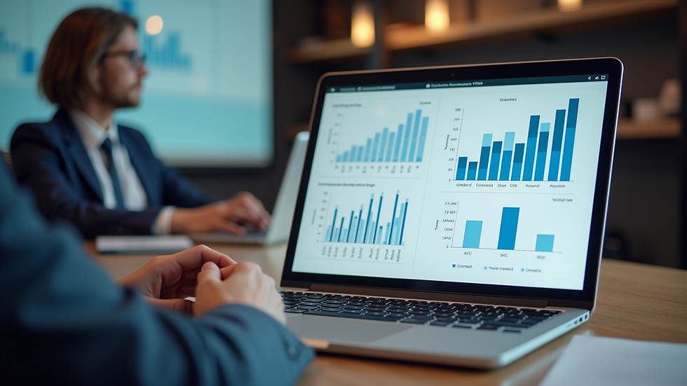 High angle view of a business meeting with digital marketing charts on a laptop screen