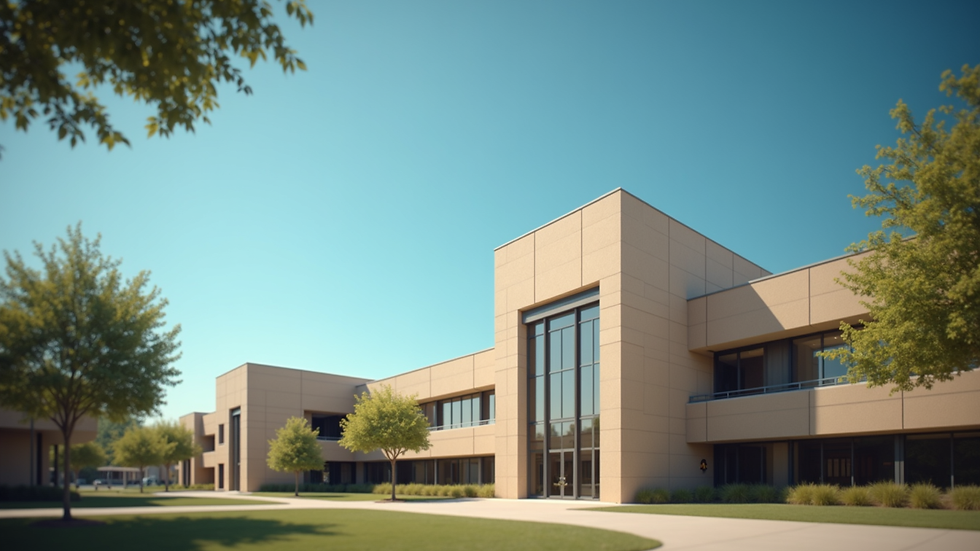 Close-up view of college campus building in Dallas with clear blue sky