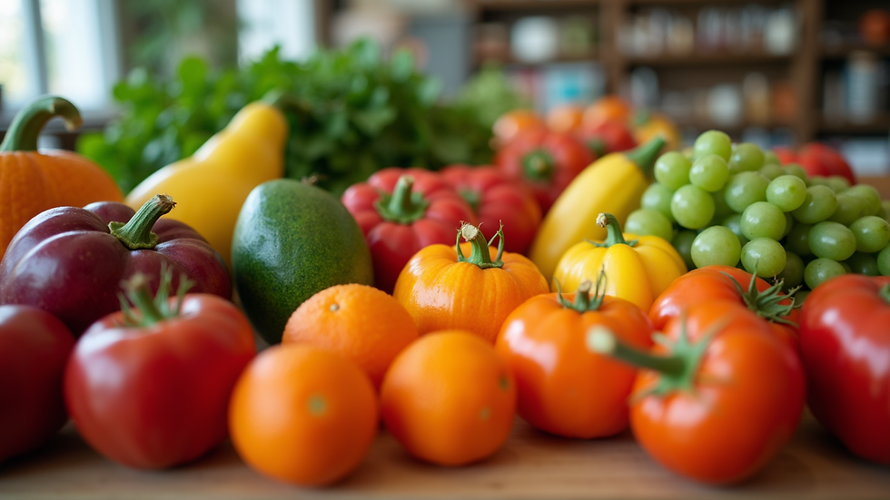 Eye-level view of a variety of colorful fruits and vegetables