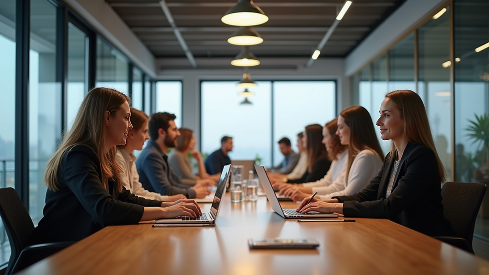 Wide angle view of a co-working space bustling with digital professionals