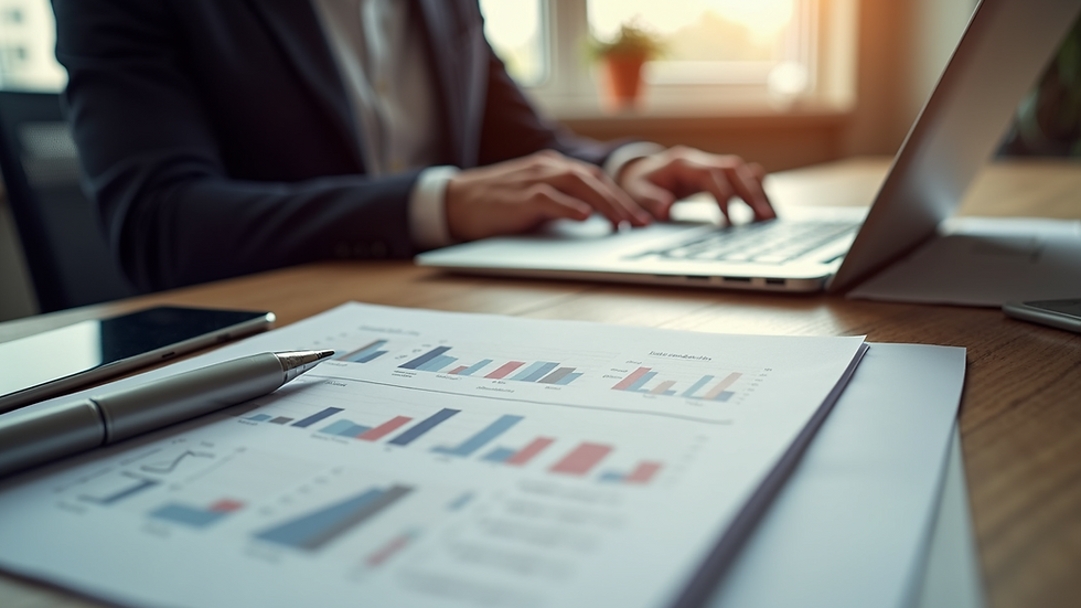 High angle view of a desk with digital marketing strategy notes and laptop