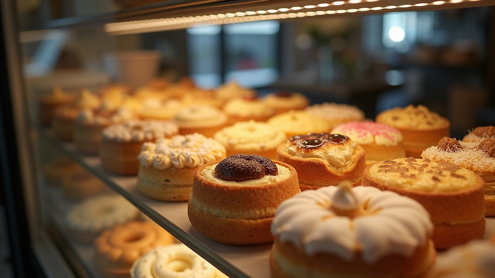 High angle view of artisan pastries displayed in bakery case