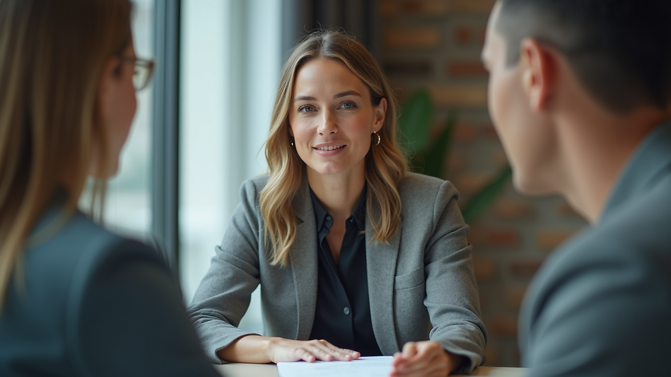 Close-up view of a woman confidently presenting in a boardroom