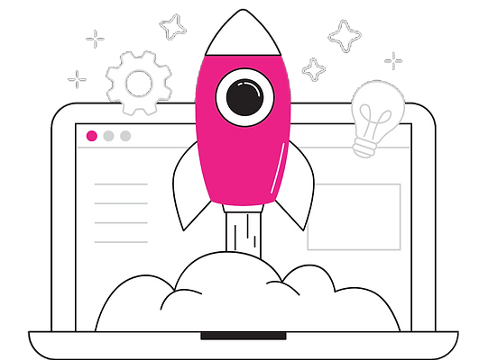 An illustration of a rocket taking off out of the laptop screen
