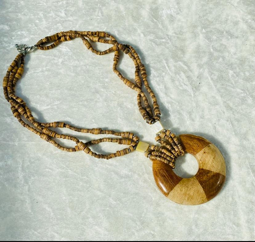 Wooden beaded necklace with large circle pendant, Timeless Jewellery