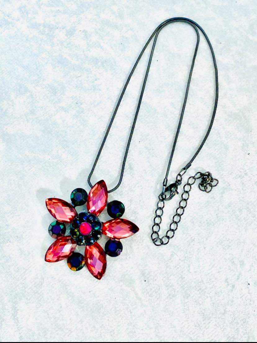 Floral pendant necklace with pink and blue crystals, Timeless Jewellery.