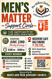 Join the Men's Matter Support Circle at Recovery Café Baltimore. Connect with peers in a supportive environment designed to encourage healing, empowerment, growth, and meaningful community connections.