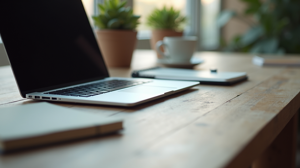 Eye-level view of a laptop on a desk with coffee and a notebook