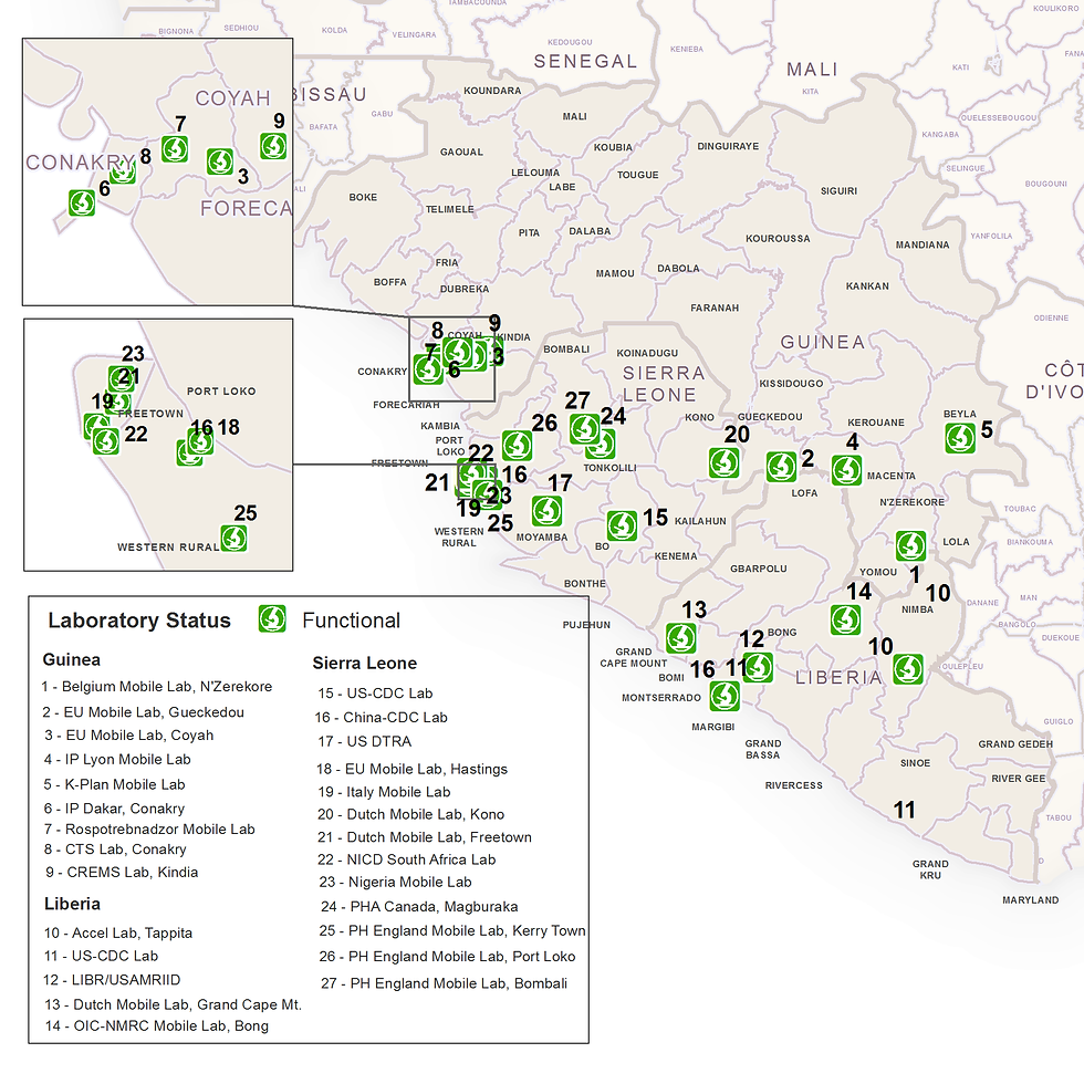 Location Of Ebola Laboratories As Of March 25 2015 In Guinea Liberia And Sierra 