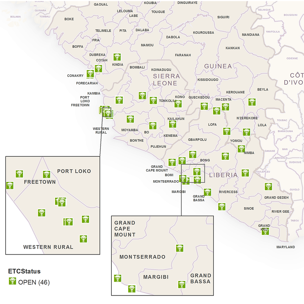 Location Of Ebola Treatment Centres As Of March 25 2015 In Guinea Liberia And Si